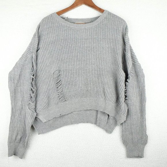If It Were Me Sweater Womens Medium Gray Distressed Cropped Oversized Outdoor - Picture 1 of 9